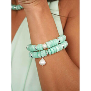 NWT Ettika Saint Tropez Stretch Stack Bracelet Set Seafoam Stone/Silver Plating